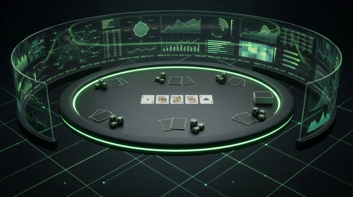 A poker table lit by a ring of light, encircled by floating panels of charts, ranges and win-rate curves.